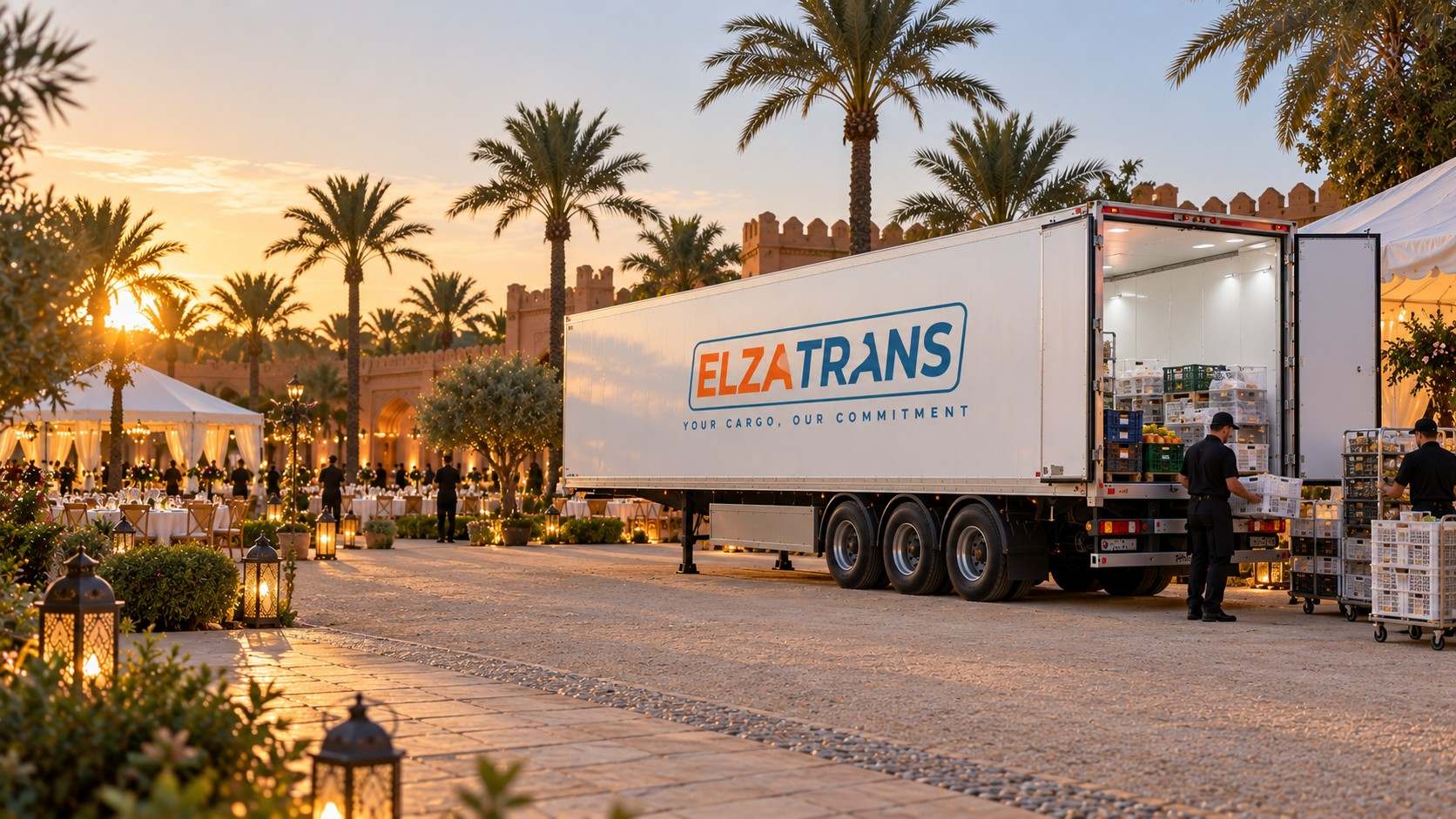 Remorque frigorifique ELZA TRANS ouverte sur le lieu d’une réception au Maroc, au coucher du soleil, pendant le déchargement des caisses par le personnel du traiteur