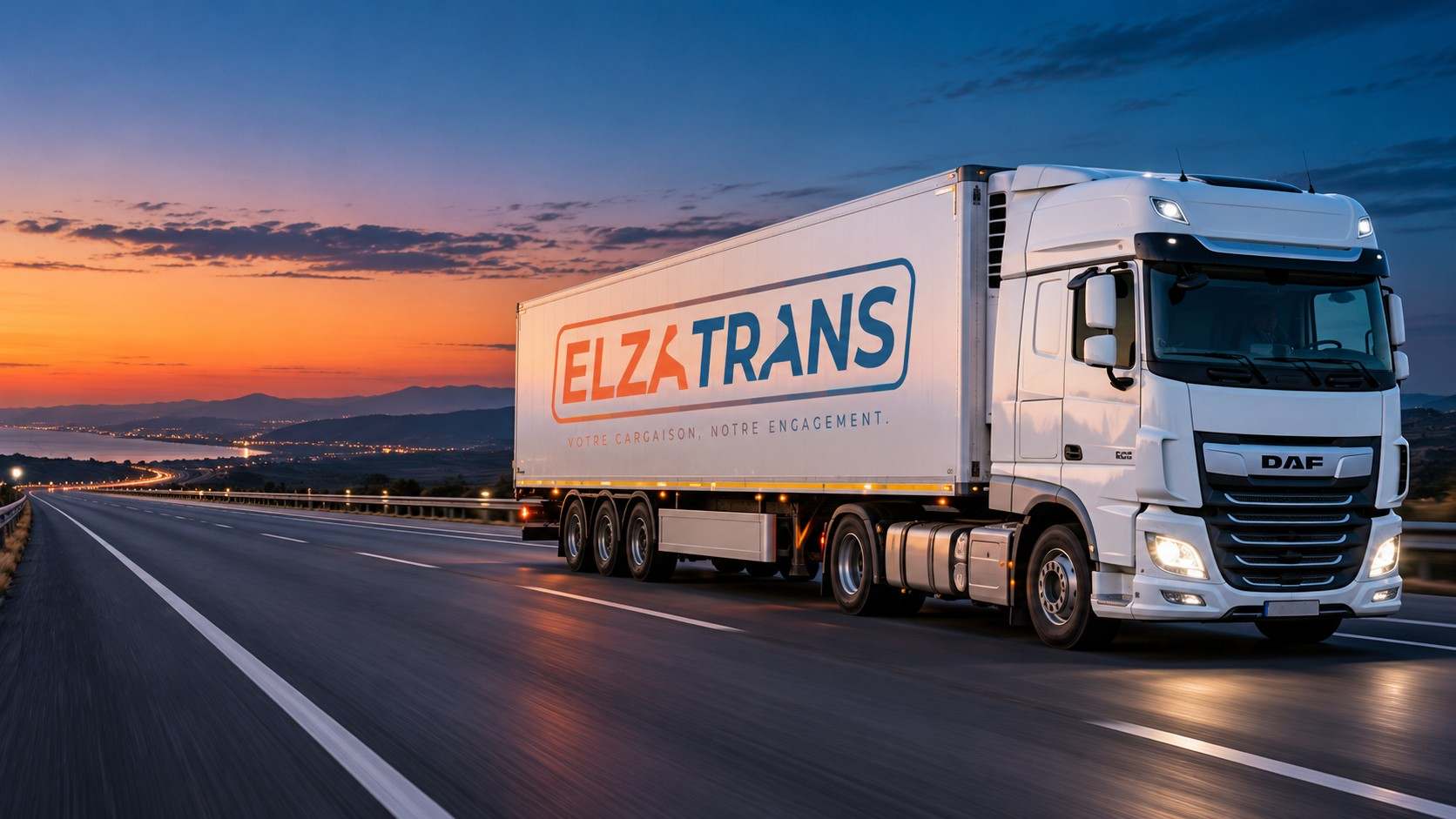 Camion ELZA TRANS sur l’autoroute au crépuscule