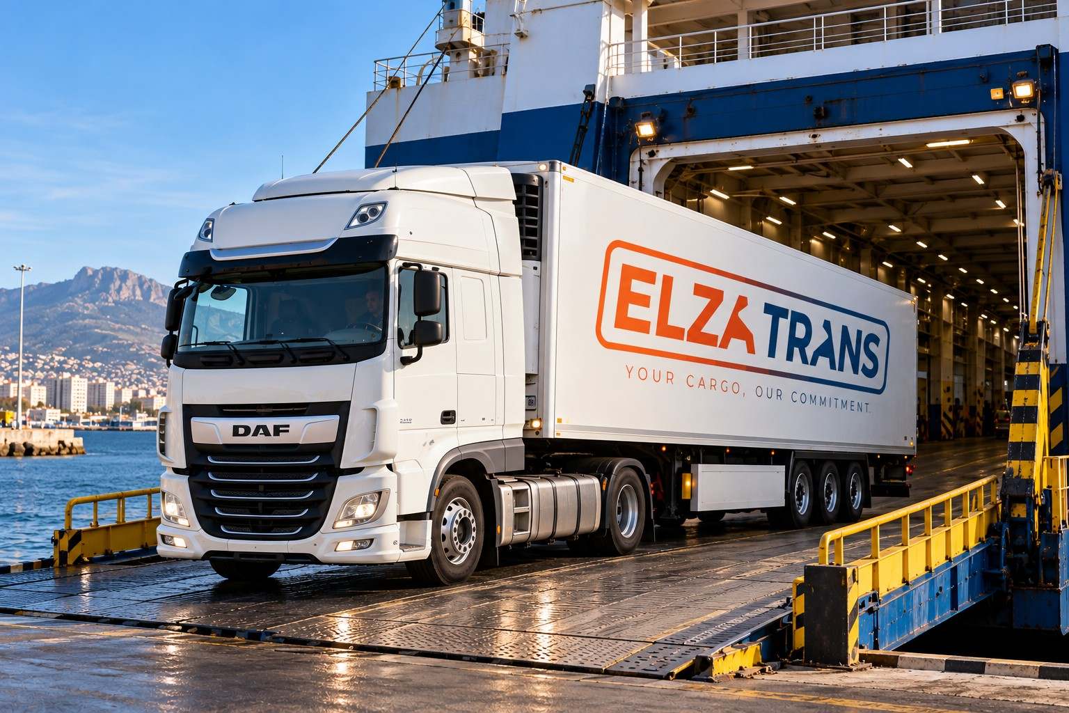 Camion ELZA TRANS embarquant sur un ferry pour traverser le détroit de Gibraltar