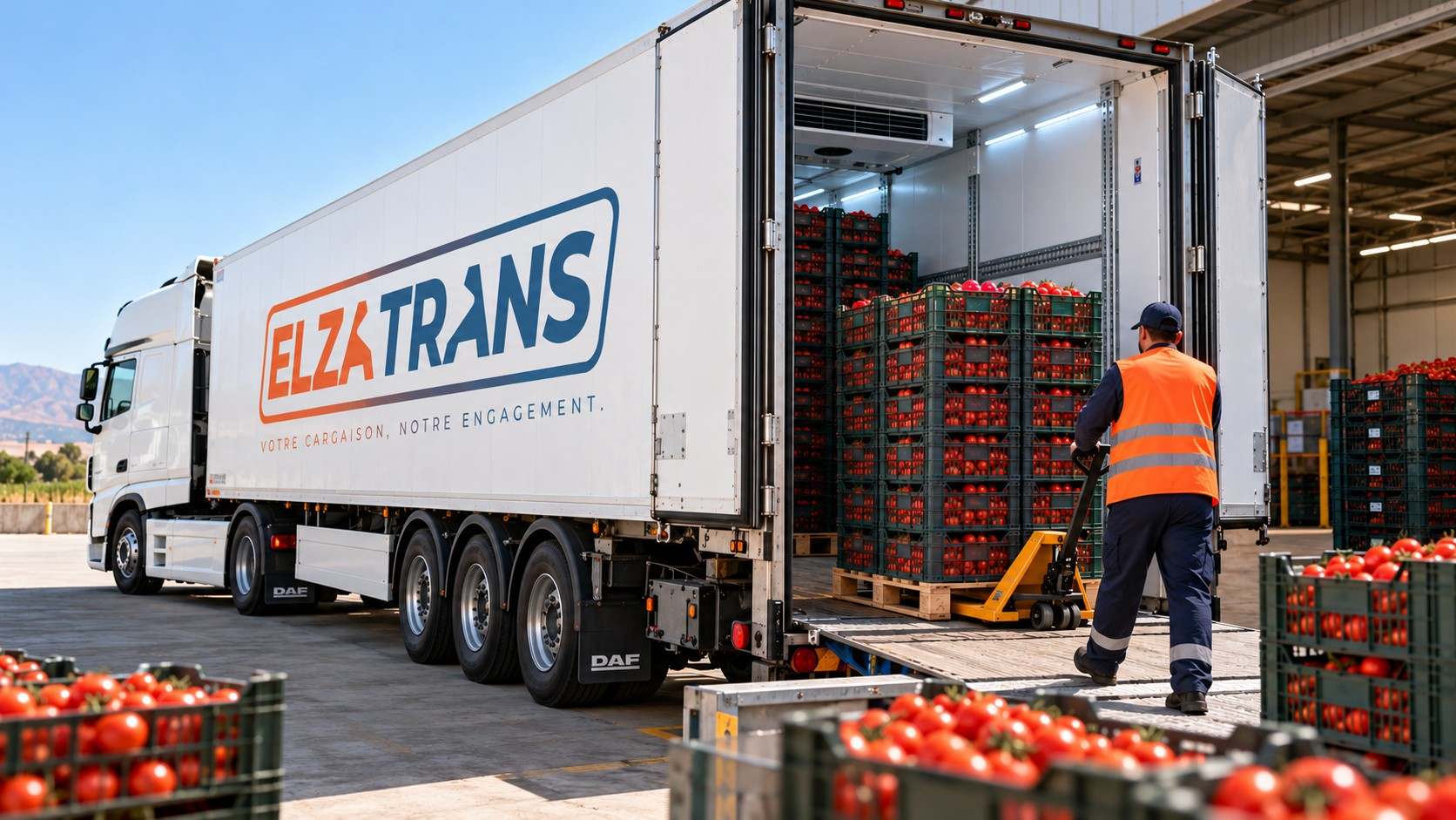 Chargement de caisses de tomates dans une remorque frigorifique ELZA TRANS